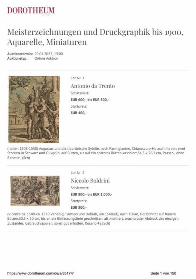 Meisterzeichnungen und Druckgraphik bis 1900, Aquarelle, Miniaturen. Dorotheum Juwelier (2022-04-20-2022-04-20)