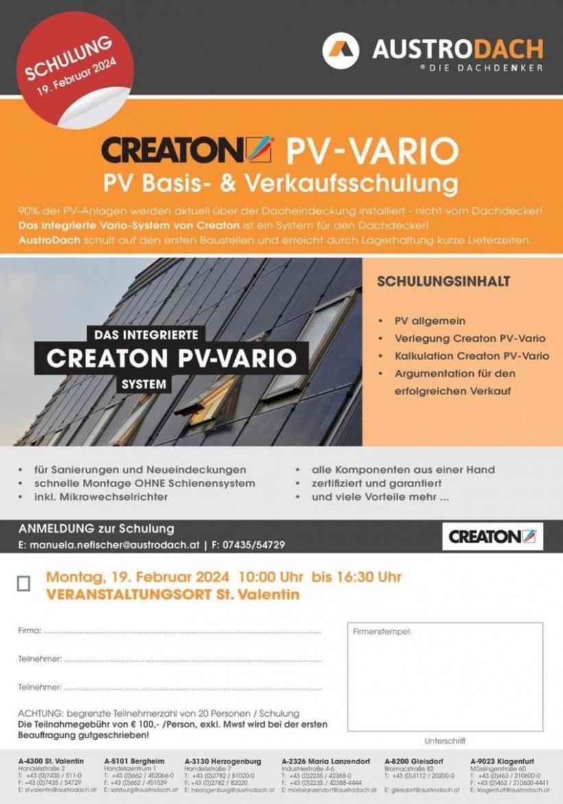 CREATON PV VARIO BASIS- & VERKAUFSSCHULUNG. AustroDach (2024-03-27-2024-03-27)